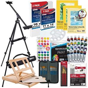 U.S. Art Supply 70-Piece Artist Watercolor Painting Set with Aluminum Field Easel, Wood Table Easel, 60 Watercolor Paint Colors, 34 Brushes, 2 Stretched Canvases, 6 Canvas Panels, 3 Paper Painting Pad