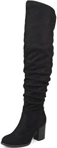 Journee Collection Women's Regular and Wide Calf Vegan Leather Ruched Kaison Zipper Over The Knee Block Heel Boots, 9 Medium, Wide Calf Black
