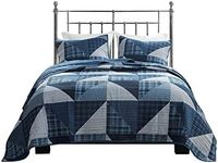 Woolrich Olsen Reversible Quilt Set - Cottage Styling Reversed to Solid Color, All Season Lightweight Coverlet, Cozy Bedding Layer, Matching Shams, Oversized Full/Queen, Geometric Plaid Blue 3 Piece