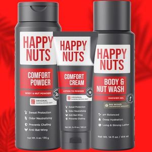 Happy Nuts Comfort Cream Powder and Body Wash Bundle - Anti-Chafing Sweat Defense and Natural Men's Shower Gel Body Wash
