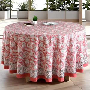 CPC Coral Pink 132 Inch Round Tablecloth Cotton Indian Block Print Tablecloth Handmade Printed Washable Cotton Table Cloth Spring Summer Weding Table Cover