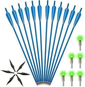 S F 20 inch Crossbow Bolt Carbon Crossbow Arrow 12 Pcs with 6 Green Lighted Nock and 6 Willow Leaf Arrow Points, Hunting and Outdoor Practice Lighted nocks for Arrows nockturnal Lighted nocks-Blue