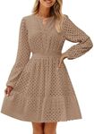 ZESICA Women's Long Sleeve Mini Dress Spring V Neck Hollow Out Eyelet Embroidery Ruffle A Line Swing Short Dresses,Tan,Medium