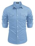 COOFANDY Men's Western Cowboy Shirts Long Sleeve Cotton Casual Button Down Work Shirt with Pockets, Light Blue, S