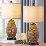 CINSARY Touch Control Rattan Table Lamps, 3 Way Dimmable Bedside Lamps for Bedroom Set of 2 with 2 USB Ports and AC Outlet, Wicker Nightstand Lamps for Living Room (LED Bulbs Included)