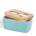 Ceramic Butter Dish with Wooden Lid and Multi-Functional Butter Knife of Stainless Steel, Butter Container with High Quality Silicone Seal, Butter Box for Butter, Nuts, Cheese (Blue)