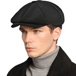 Mens Newsboy Cap High Woolen Tweed Gatsby Hat Ivy Cabbie Flat Golf Cap for Fathers Women Unisex, Black, 7-7 1/8