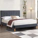 LEVEDE Double Bed Frame Platform, Wooden Bed Base with Tufted Headboard, Velvet Upholstered Mattress Support, Modern Classic Bedroom Furniture, Easy to Assemble (Grey)