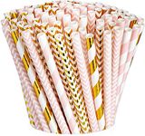 Comfy Package [200 Pack] Pink & Gold Paper Straws Disposable, 100% Biodegradable Multi-Pattern Party Straws For Birthday, Wedding and Holiday Decoration