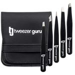 Tweezers Set 5-piece - Tweezer Guru Stainless Steel Slant Tip and Pointed Eyebrow Tweezer Set - Great Precision for Facial Hair, Ingrown Hair, Splinter, Blackhead and Tick Remover (Black)