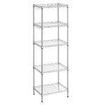 SONGMICS Kitchen Shelf, Metal Storage Rack with PP Shelf Liners, 5-Tier Wire Shelving Unit with 8 Hooks, 11.8 x 15.7 x 47.6 Inches, Height-Adjustable, for Bathroom, Pantry, Silver ULGR115E01