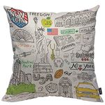 HOSNYE New York City Doodles Throw Pillow Case Cushion Cover Statue of Liberty, Broadway, Coffee, Museum, Central Park Cotton Linen for Couch Bed Sofa Car 24x24 inch