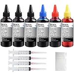 Ink Refill Kit 6x100ml for HP all Models such as 61 60 62 63 64 950 951 564 920 930 970 971 901 Inkjet Printer Cartridges for Refillable Ink Cartridges or CIS CISS System with 4 Free Syringes (3 Black, 1 Cyan, Magenta, Yellow)