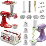 21Pcs Meat Grinder & Cheese Grater Attachment for KitchenAid Stand Mixer, with 4 Grinding Plates, Metal Sausage Stuffer Tubes, 4 Slicer Shredder Attachment, Kitchen Aid Accessories and Attachments