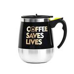 BINE Update Self Stirring Mug Auto Self Mixing Stainless Steel Cup for Coffee/Tea/Hot Chocolate/Milk Mug for Office/Kitchen/Travel/Home -450ml/15oz (Black) (Coffee Saves Lives)