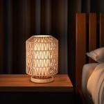 KUNJOULAM Table lamp, Rattan Double Cover lamp,Farmhouse Rattan Weaving Table Lamp Metal Base, Handmade Boho Bedside Lamp for Bedroom Living Room House Office