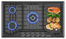 36 Inch Gas Cooktop with Griddle, GASLAND Chef PRO GH3365EF 5 Burner Gas Stovetop with Reversible Cast Iron Grill/Griddle, Gas Countertop Plug-in, NG/LPG Convertible Gas Cooktops, Black