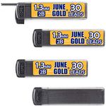 June Gold 120 Pieces, 1.3 mm 2B Lead Refills, 30 Pieces Per Tube, Medium Bold Thickness, Break Resistant Lead/Graphite (Pack of 4 Dispensers)