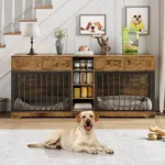 GarveeHome 82” Double Dog Crate Furniture, Large Dog Kennel Indoor for 2 Dogs, Heavy Duty Wooden Dog Crate TV Stand with 4 Drawers and Shelves, Brown