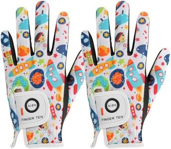 FINGER TEN Stylish Kids Golf Gloves 2 Pack for Left or Right Hand, All Weather Grip & Breathable Durable & Funny Design for Boys Girls Junior Youth Toddler (White&Black, Small, Left)