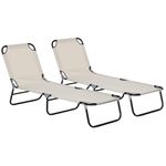 Outsunny Foldable Sun Lounger Set of 2 with 5-Position Adjustable Backrest, Outdoor Portable Recliner Chaise Lounge Chair for Beach, Garden, Poolside, Cream White