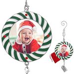 2021 Baby's First Christmas Photo Ornament Enameled Ornament with Green and White Candy Cane Design and Red Jewel Accents - Includes Dated Hook for Xmas Tree and a Hanging Charm