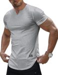 JMIERR Men's Muscle Slim Fit T-Shirt V Neck Hipster Longline Grey Henley Shirt Short Sleeve Gym Workout Athletic Fitted Tees Shirts for Men,US 43(L)