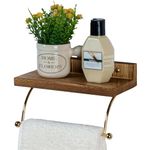 MyGift Wall Mounted Brass Metal Wire Hand Towel Rack with Burnt Wood Storage Shelf, Hanging Towel Holder for Bathroom, Laundry Room and Kitchen