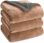 BSB HOME Polyester Micromink Summer Ac/Mild Winter/Heavy Winter Sherpa Blanket Super Soft Flannel Solid/Plain, Beige & Grey, Size 220 X 228 Cms (Double), 200 TC