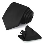 JUNMEISI Black Tie Set in Gift Box Mens Solid Color 3.15" (8CM) Black Necktie and Pocket Square Set