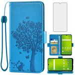 Asuwish Compatible with Cricket Icon 3/Splendor/At&t Motivate 2 Wallet Case and Tempered Glass Screen Protector Flip Wrist Strap Credit Card Holder Stand Cell Phone Cover for EA211002 Women Men Blue