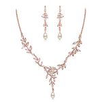 EVER FAITH Cubic Zirconia Bridal Jewelry Set for Wedding, Marquise CZ Simulated Pearl Vine Leaf Women Necklace Dangle Earrings Set for Brides Rose Gold-Tone