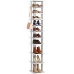 HOMEFORT 10-Tier Vertical Shoe Rack, Corner Shoe Tower, Slim Shoe Organizer with Two Hanging Hooks, Wooden Shoe Storage Stand for Entryway, Hallway, Closet(White)