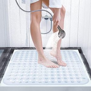 Anti-Slip and Mildew-Proof Square Shower mats 21 x 21 inches,Bath Tub Mat Non-Slip with Suctions Cups and Drain Hole, Non-Slip Stall Mat for Elderly & Kids Bathroom,Machine Washable(White Clear)