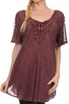 Sakkas 15783 - Ellie Sequin Embroidered Cap Sleeve Scoop Neck Relaxed Fit Blouse - Burgandy - OSP