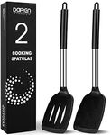 Pack of 2 Large Silicone Cooking Spatulas, BPA Free Stainless Steel Kitchen Utensils for Baking, Frying, Stir-Fry, Non-Stick Non-Scratch Heat Resistant Slotted and Solid Spoonula (Black)