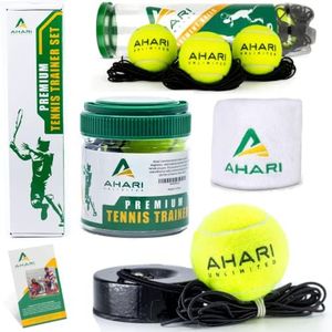 Ahari Unlimited Premium Tennis Trainer Set, Pro Tennis Rebounder with Metal Base in a Carrying Cylinder, 3 Replacement Rebound Balls, & Wristband, Portable Tennis Practice Equipment for Solo Training