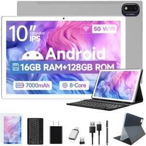 ANTEMPER Latest Android Tablet 10.1 Inch, 5G WiFi Tablets Mit 16GB RAM+128GB ROM(1TB TF),2 in 1 Tablet with Keyboard Mouse Pen-Octa-Core2.0Ghz | 7000mAh | 1080FHD | 13MP Camera | WLAN GPS -Silvery