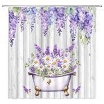 YOZSLGU Lavender Shower Curtain Purple Flowers Rustic Farmhouse Wooden Board Vintage Country Bathroom Decor Curtains Set with Hooks