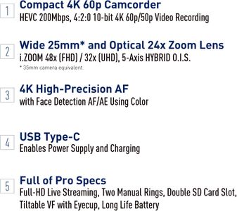 Panasonic 4K 60p Professional Camcorder – 25mm Wide Lens, 24x Zoom, Black