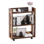 NEWSENDY Mobile Bookshelf with Wheels 3 Tier, Wooden Small Bookcases for Small Spaces, Narrow Book Shelf Organizer for Bedroom, Living Room, Home Office, Brown