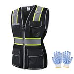 JKWEARSA Women Safety Vest, High Visibility Reflective Mesh Work Vest With Pockets And Zipper For Lady, Girl(Black-01, Large)