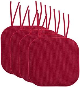 Sweet Home Collection Chair Cushion Memory Foam Pads with Ties Honeycomb Pattern Slip Non Skid Rubber Back Rounded Square 16" x 16" Seat Cover, 4 Pack, Red 4 Count