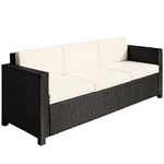 Outsunny 3 Seater Rattan Sofa with 10 cm Thick Padded Cushion, All-Weather PE Wicker Weave Garden Three-seater Bench with Armrests, Black