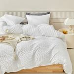 WARMDERN Duvet Cover Set Queen Size, 3pcs Washed Microfiber White Bedding Set, Soft Breathable Striped Textured Seersucker Duvet Cover with Zipper Closure & Corner Ties(White, Queen)