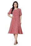 Fashion Dream Women’s Georgette Printed Calf Length Dresses(FDWDRS00205 RED S_Red_S)