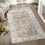 JINCHAN Area Rug 3x5 Persian Rug Taupe Vintage Floral Print Floor Cover Chenille Thin Rug Indoor Retro Foldable Mat Non Slip Accent Rug Bathroom Doormat for Kitchen Living Room Be