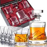 Unique Everest Whiskey Decanter Sets for Men with 4 Glasses in Wooden Gift Box - Mountain Expedition Theme - Airtight Heavy 750ml Bourbon Decanter with 4 Heavy Scotch Tumblers