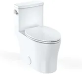 Elongated Toilet for Bathrooms, One-Piece Toilet with Soft Close Seat, Powerful & Quiet Left Side Trip Lever Flush 1.28 GPF, Ceramic Crisp White 12" Rough-In