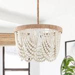 VILUXY Bohemia Wood Beaded Pendant Lights Antique Rustic Mini Chandelier White Finishing for Bedroom, Nursery Room, Girl Room, Hallway, Entryway, Passway, Dining Room, 3-Light